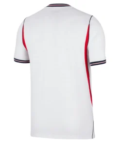 Back view of Nike England Home Kit 2026, white base with navy and red accents, short sleeves, no name or number.