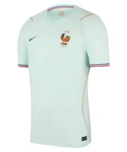 France Away Kit 2026 by Nike, front view in soft green with tricolour sleeve details, crewneck, and short sleeves.