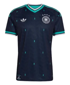 Germany Away Kit 2026, front view, deep blue design with light blue 90s-style details, V-neck collar, short sleeves.