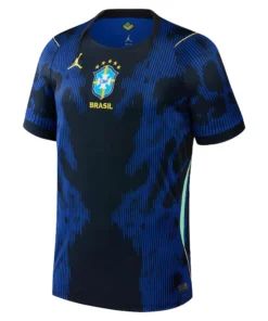 Jordan Brazil Away Kit 2026, front view, deep royal blue design, crew neck, short sleeves.