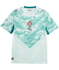 Front view of Portugal Away Kit 2026 by PUMA, white with lagoon green wave patterns, V-neck, central crest, short sleeves.