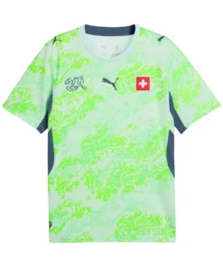 Front view of Switzerland Away Kit 2026 by PUMA, white and turquoise with indigo accents, crewneck, water network graphic.