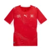 Front view of Switzerland Home Kit 2026 by PUMA, vibrant red with white accents, crewneck, topography graphic, short sleeves.