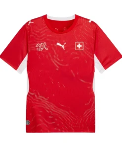 Front view of Switzerland Home Kit 2026 by PUMA, vibrant red with white accents, crewneck, topography graphic, short sleeves.