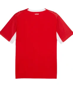 Back view of Switzerland Home Kit 2026 by PUMA, vibrant red base with white accents, short sleeves, no name or number.