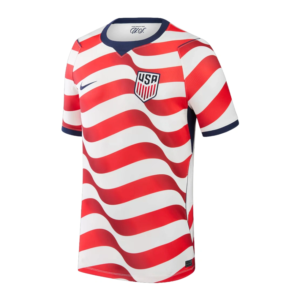 Nike USA Home Jersey 2026, front view with red, white, and blue design, crewneck collar and short sleeves.