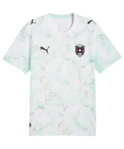PUMA Austria Away Kit 2026, front, white marble design, turquoise and magenta accents.