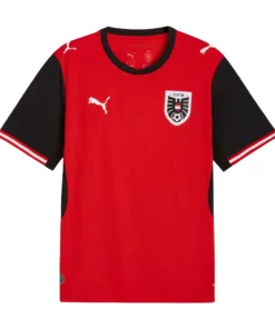 Front view of Austria Home Kit 2026 by PUMA, vibrant bright red, black crewneck, short sleeves.