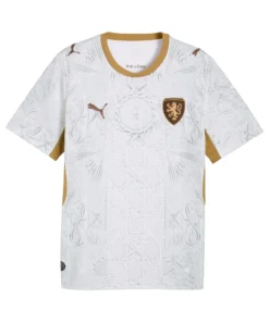 Front view of Czechia Away Kit 2026 by PUMA, icy white base, crystal pattern, gold accents, short sleeves.