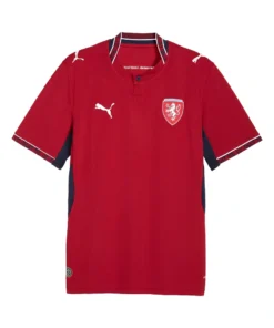 Front view of Czechia Home Kit 2026 by PUMA, deep red base, silver detailing, navy accents, short sleeves.