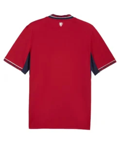 Back view of PUMA Czechia Home Kit 2026, bold deep red base, short sleeves, no name or number.