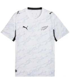 Front view of New Zealand Away Kit 2026 by PUMA, white base, sweeping graphic, black side panels, short sleeves.