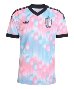 Adidas Belgium Away Kit 2026, front view, pastel pink and blue pattern with striking black V-neck and cuffs, short sleeves.