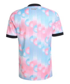 Back view of adidas Belgium 2026 World Cup Away Kit, light blue and pink print, black trims, no name or number.