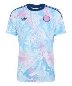 Costa Rica Away Jersey 2026 by adidas, front view. Features pale teal, light violet, off-white tropical pattern and pink crest.