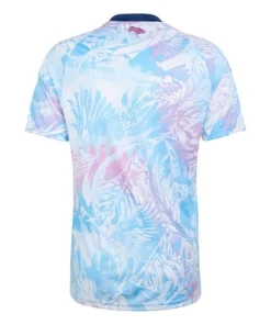 Costa Rica Away Jersey 2026 by adidas, back view. Features a tropical pattern, navy collar, and pink Pura Vida graphic. No name/number.