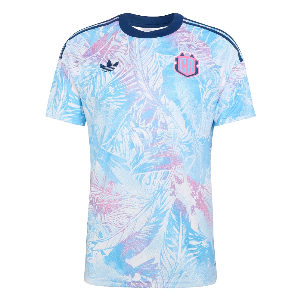 Costa Rica Away Jersey 2026 by adidas, front view. Features pale teal, light violet, off-white tropical pattern and pink crest.