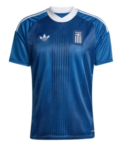 Front view of Greece Away Kit 2026 showing the deep blue base, vintage vertical stripes, and white accents.