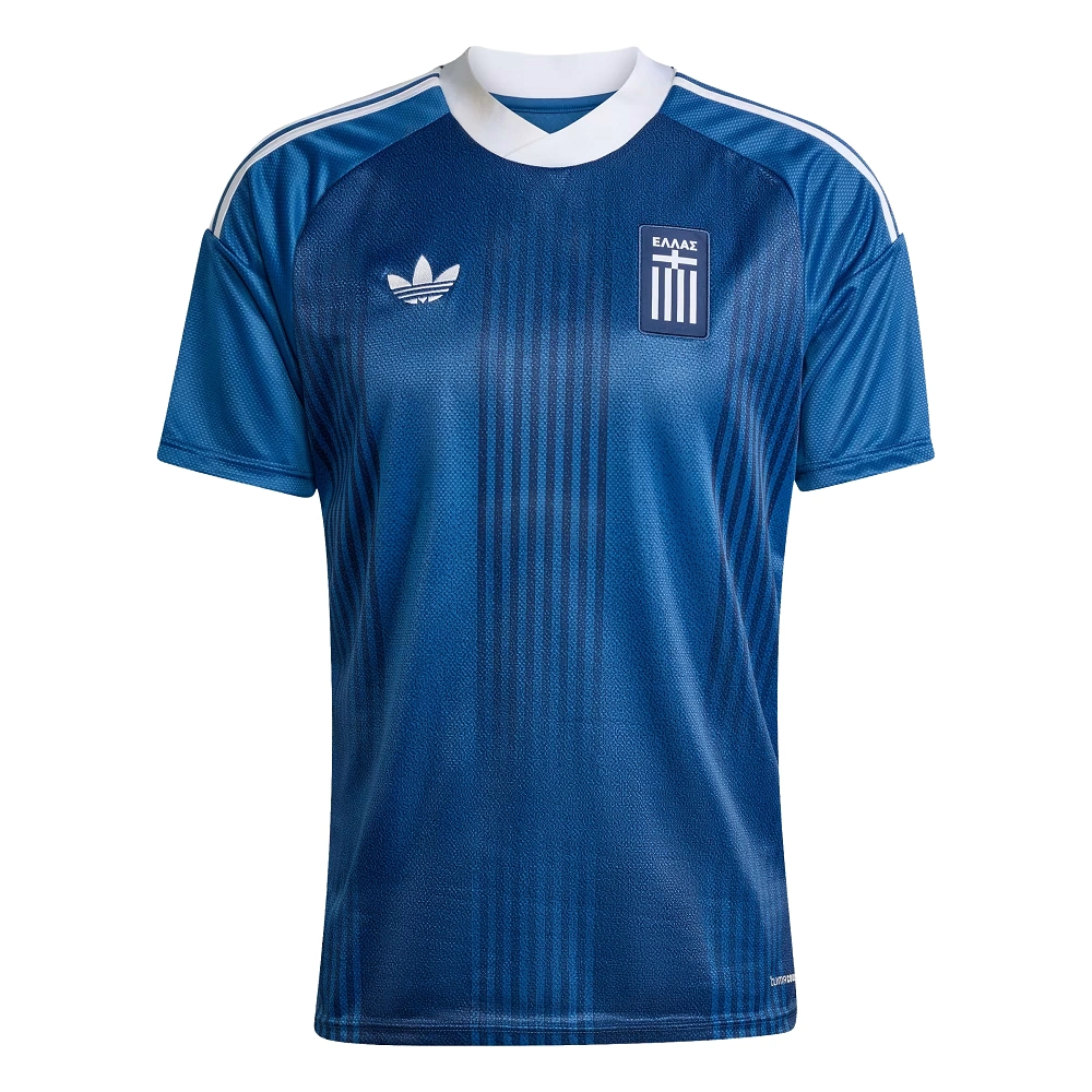 Front view of Greece Away Kit 2026 showing the deep blue base, vintage vertical stripes, and white accents.
