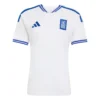 Front view of the white adidas Greece Home Kit 2026 featuring sharp blue accents, the national crest, and adidas logo.