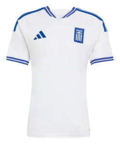 Front view of the white adidas Greece Home Kit 2026 featuring sharp blue accents, the national crest, and adidas logo.