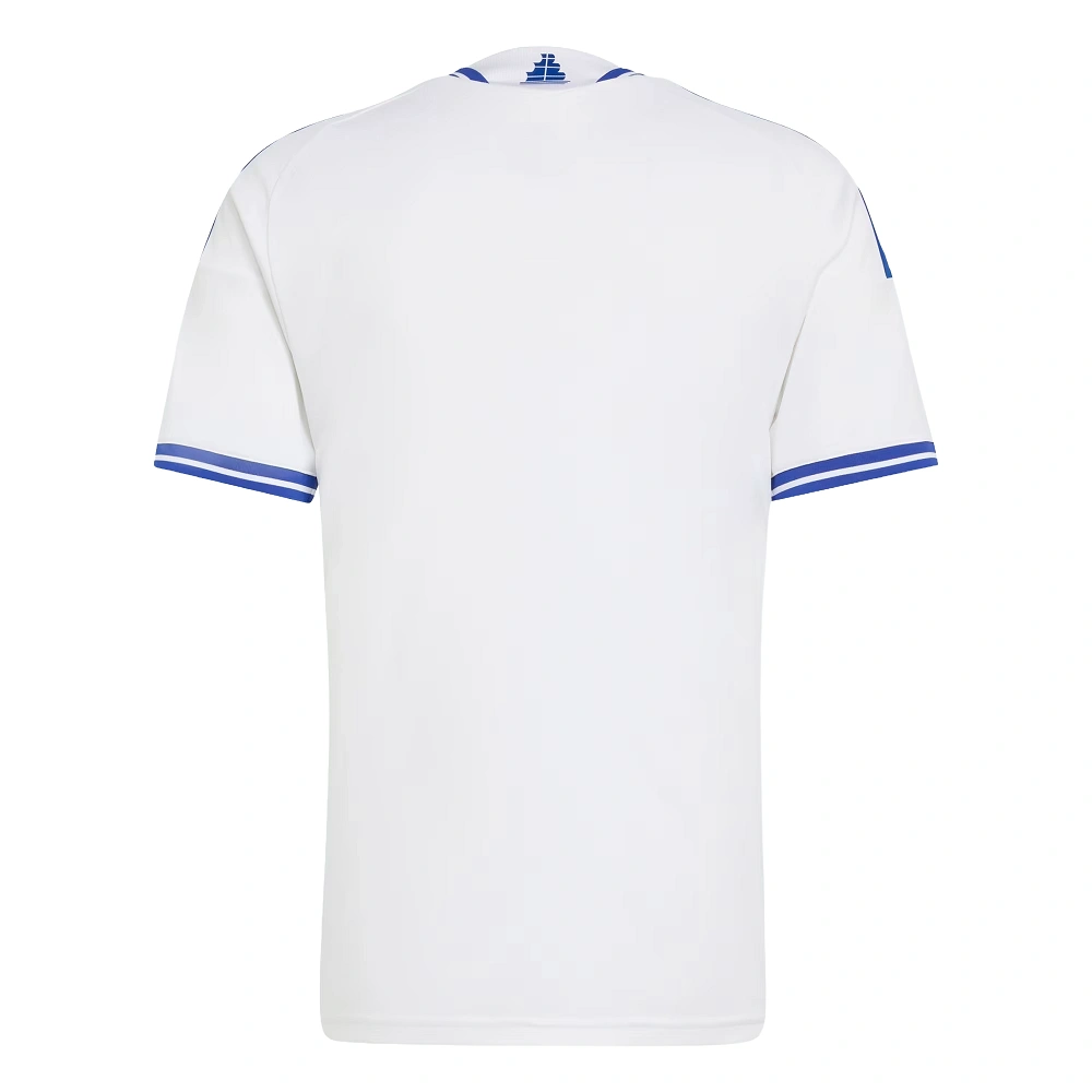 Back view of the white Greece Home Kit 2026 with no name or number and a ship graphic on the back collar.