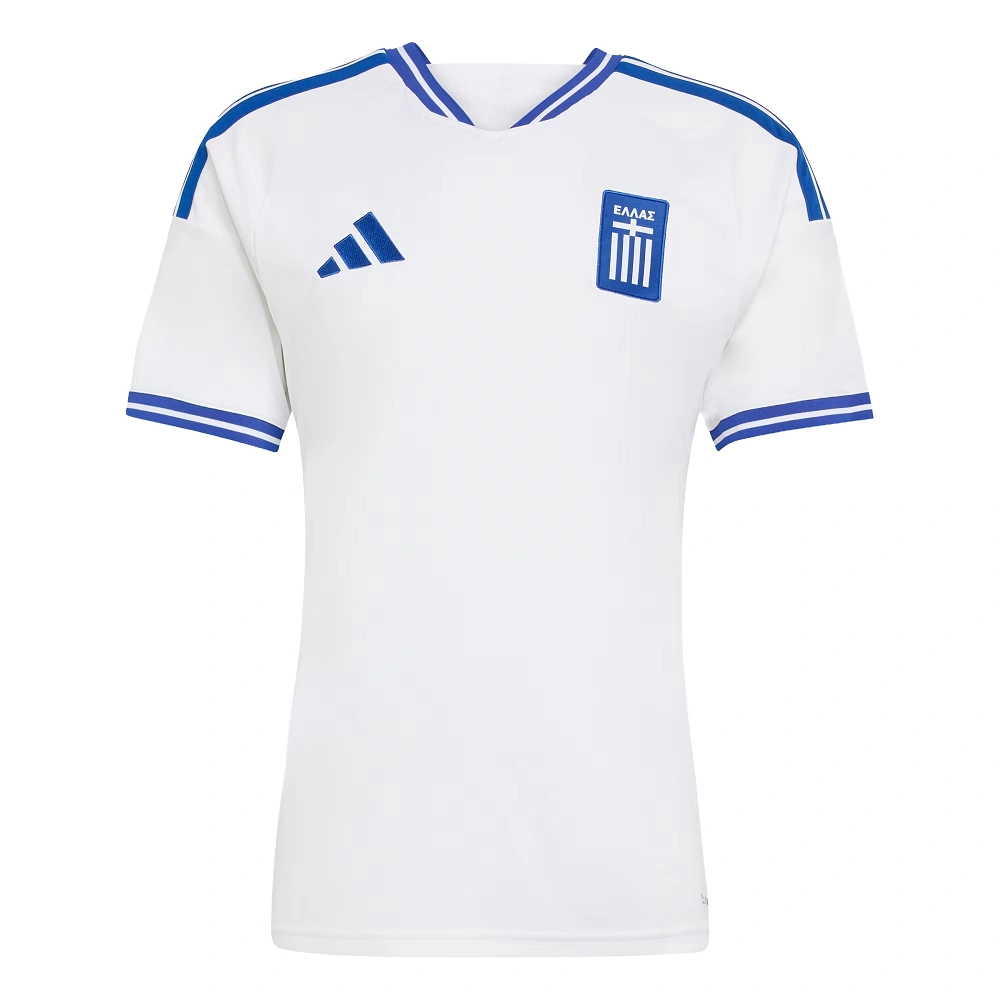 Front view of the white adidas Greece Home Kit 2026 featuring sharp blue accents, the national crest, and adidas logo.