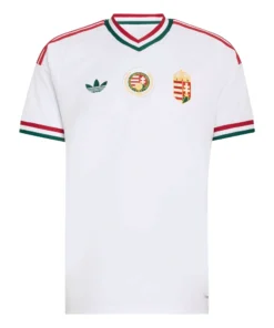 Front view of Hungary Away Kit 2026 by adidas, crisp white base with red and green V-neck and triple chest logos.