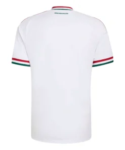 Adidas Hungary Away Kit 2026, back view, white base with green MAGYARORSZÁG neck text, blank design with no name or number.