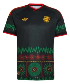 Front of the black adidas Jamaica Away Jersey 2026 showing red, gold, and green soundwaves and Trefoil logo.