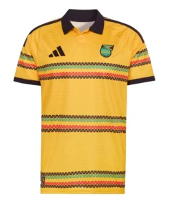 Front view of the adidas Jamaica Home Jersey 2026 in Bold Gold, featuring vivid reggae stripes and a black polo collar.