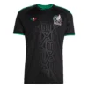 Front view of adidas Mexico Third Jersey 2026, sleek black design with shadow-like pattern, sharp green crew neck and cuffs.