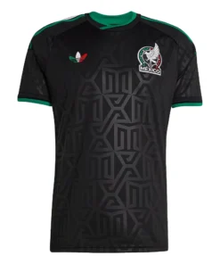 Front view of adidas Mexico Third Jersey 2026, sleek black design with shadow-like pattern, sharp green crew neck and cuffs.