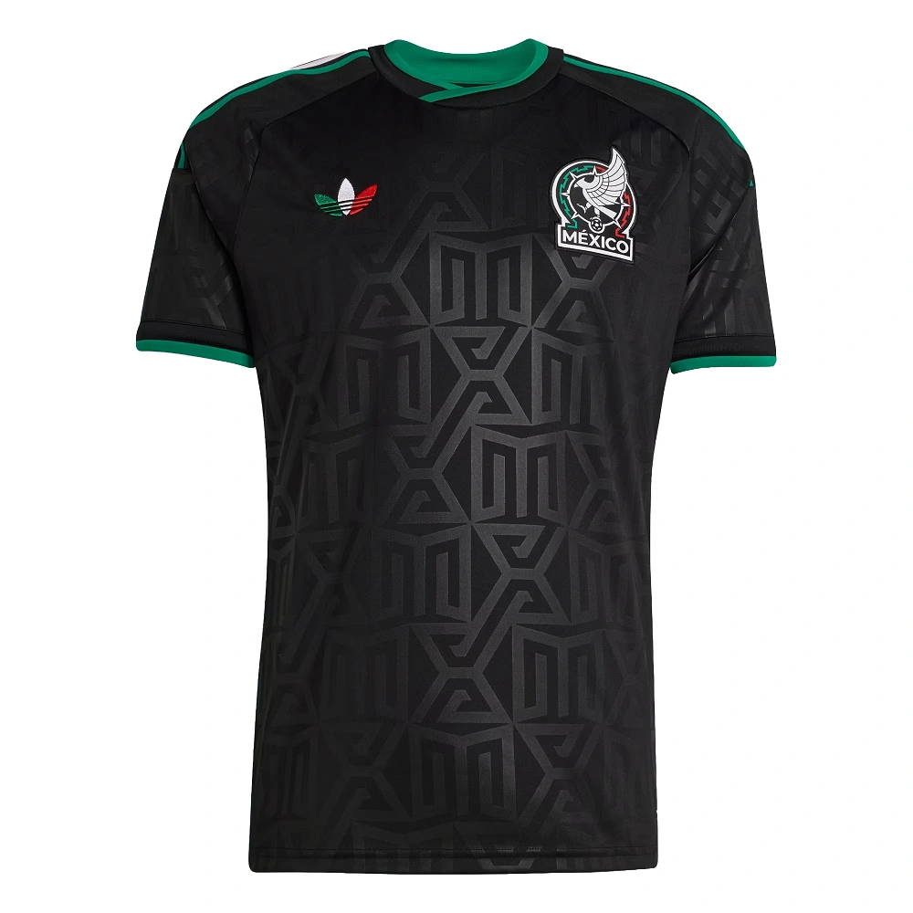 Front view of adidas Mexico Third Jersey 2026, sleek black design with shadow-like pattern, sharp green crew neck and cuffs.
