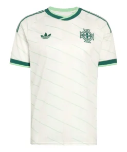 Adidas Northern Ireland Away Kit 2026, front view, off-white base with green diagonal pattern and dark green logos.