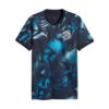 Front view of Paraguay Away Jersey 2026 by PUMA, deep navy with tropical blue print, V-neck, short sleeves.