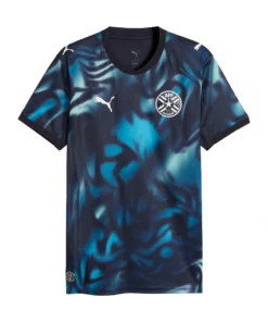 Front view of Paraguay Away Jersey 2026 by PUMA, deep navy with tropical blue print, V-neck, short sleeves.