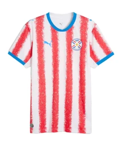 Front view of Paraguay Home Jersey 2026 by PUMA. White base, red stippled stripes, crewneck, short sleeves.