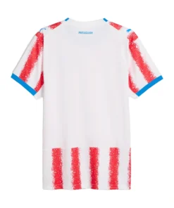 Back view of Paraguay Home Jersey 2026 by PUMA. White base, red stippled stripes, short sleeves, no name or number.