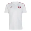 Qatar Away Kit 2026, front view, crisp white design with striking burgundy accents and V-neck.