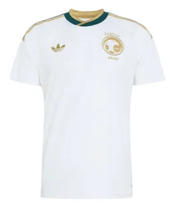Saudi Arabia Away Kit 2026, front view, crisp white design with sleek khaki accents and crew neck.