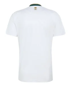Saudi Arabia Away Kit 2026, back view, crisp white base with elegant khaki and Aurora Ivy details, no custom printing.