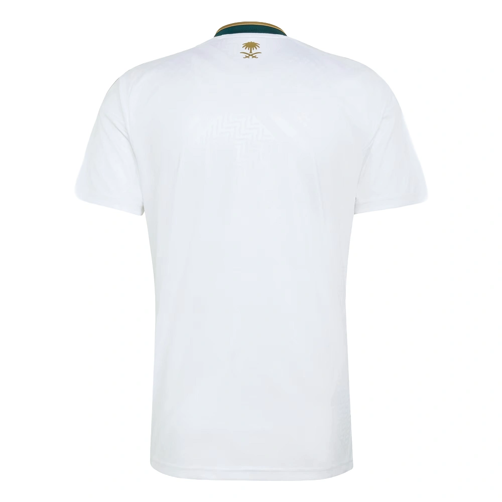 Saudi Arabia Away Kit 2026, back view, crisp white base with elegant khaki and Aurora Ivy details, no custom printing.