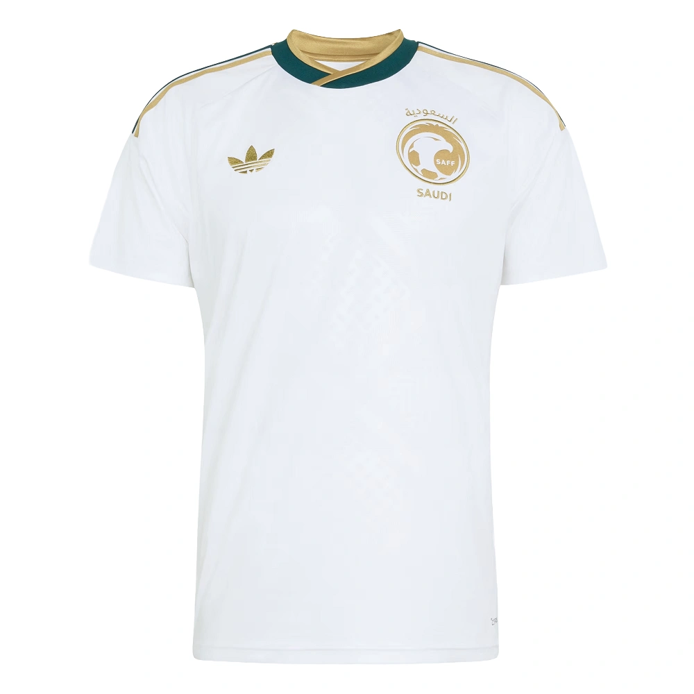 Saudi Arabia Away Kit 2026, front view, crisp white design with sleek khaki accents and crew neck.