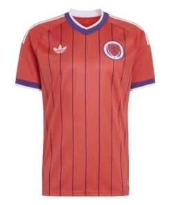 Adidas Scotland Away Kit 2026, front view, scarlet red base with purple pinstripes, short sleeves.
