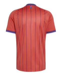 Adidas Scotland Away Kit 2026, back view, scarlet red base with purple pinstripes, no name or number, short sleeves.