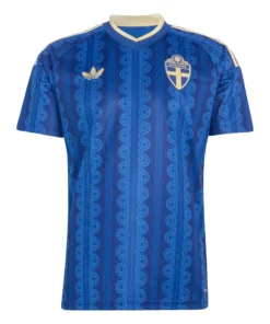 Front view of adidas Sweden Away Kit 2026, royal blue base with geometric patterns, Trefoil logo, and short sleeves.