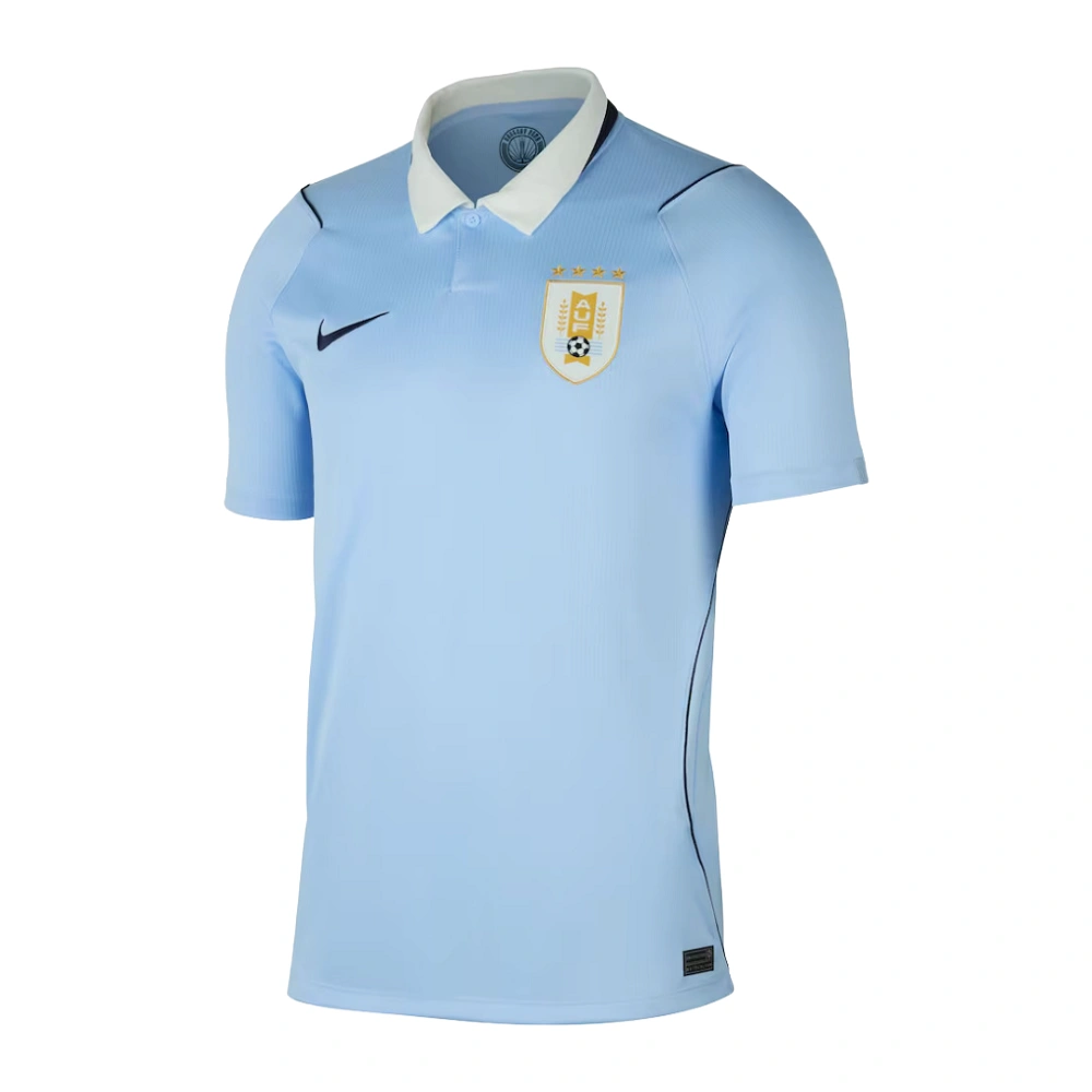 Uruguay Home Jersey 2026, front view, classic sky blue base featuring a crisp white and navy polo collar.