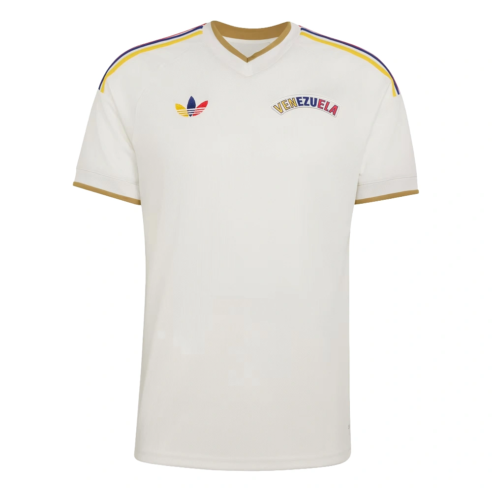 Front view, Venezuela Away Jersey 2026 by adidas, off-white base, V-neck collar, short sleeves, retro wordmark crest.