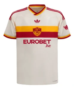 Front view of the AS Roma Away Kit 26/27 featuring wonder white base, red-yellow chest band, and vintage crest.